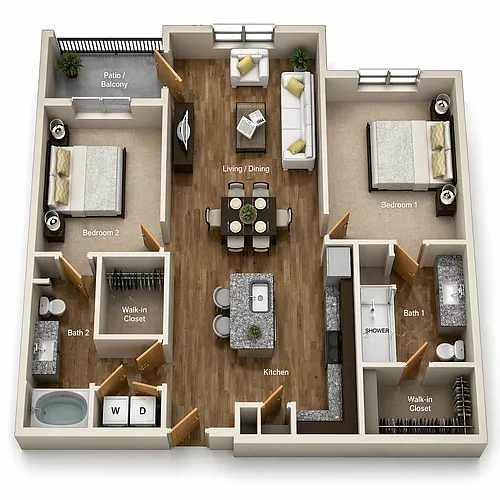 Floor plan B1 - 2Bed/2Bath - Balcony/Patio