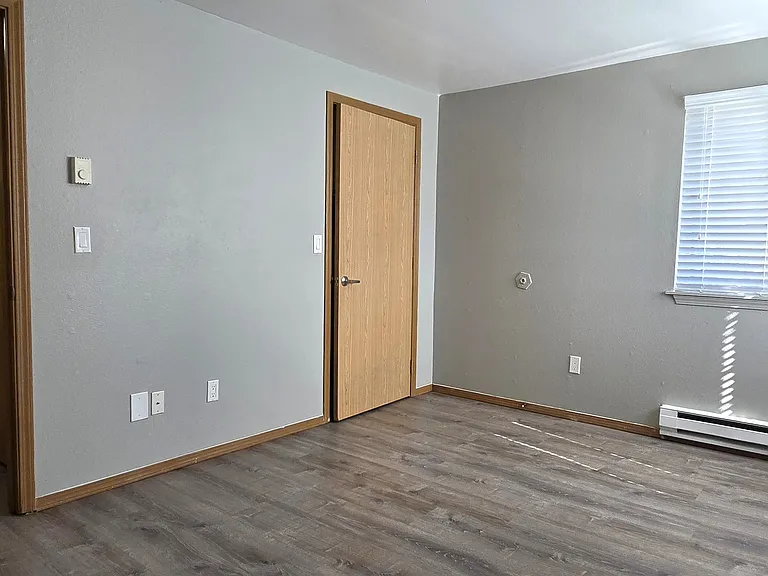 Spacious master bedroom with wood-style flooring, neutral tones, and a large window for natural light. Features a clean layout with easy access to closet and hallway.