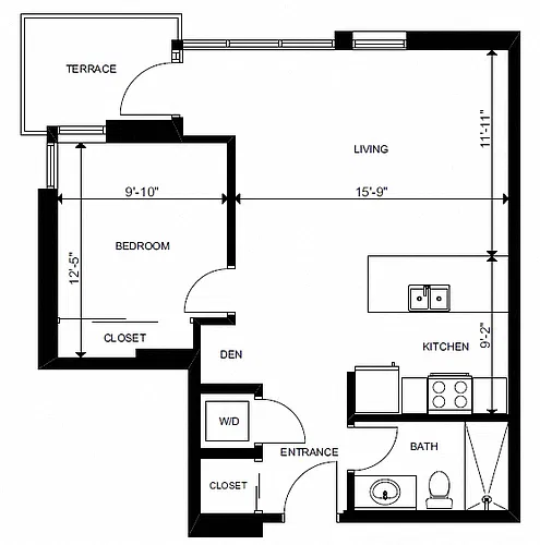 Floor plan 1 Bed Den 1 Bath D