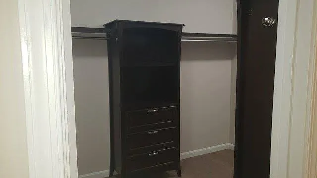 Walk-in closet with shelving and drawers