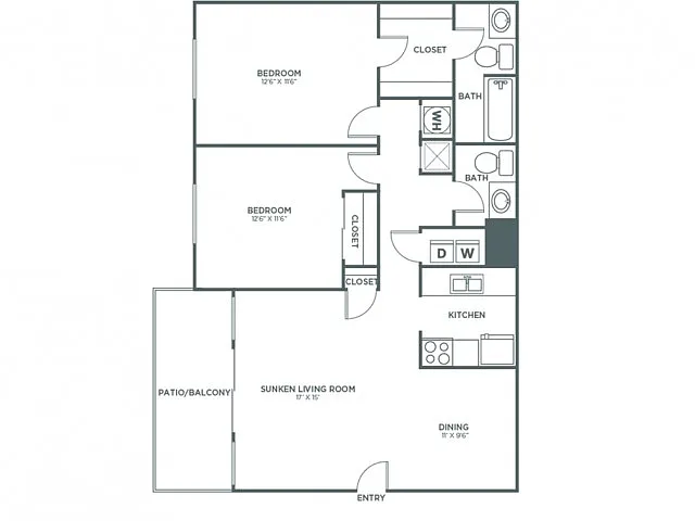 Floor plan Two Bedroom One and 1/2 Bath (1,057 SF)