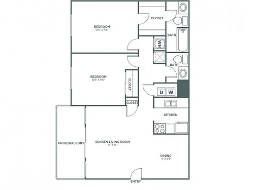 Floor plan Two Bedroom One and 1/2 Bath (1,057 SF)