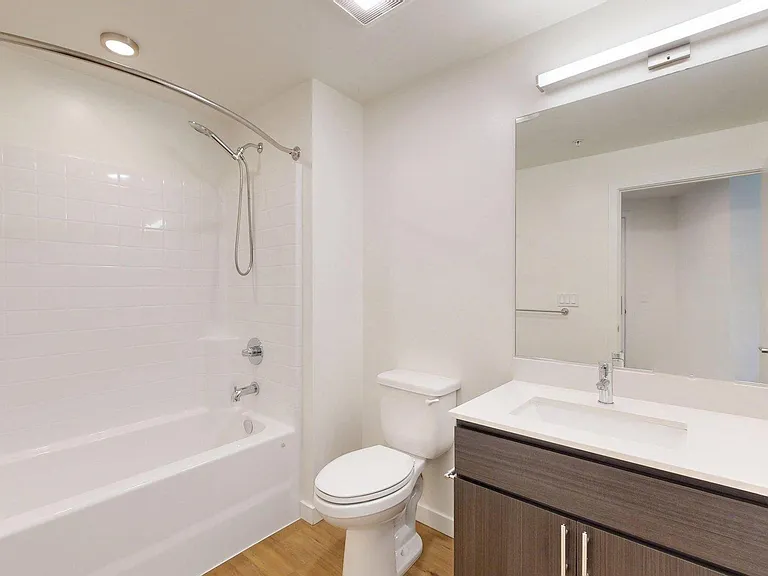 Apartment Bathroom with large soaking tub and wood-style flooring.