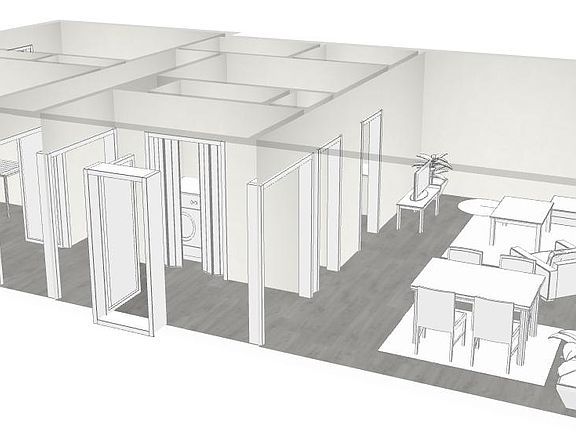 3D View of entrance, living space and 1st bedroom