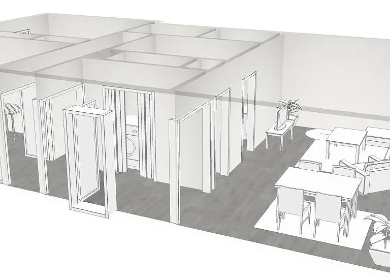 3D View of entrance, living space and 1st bedroom