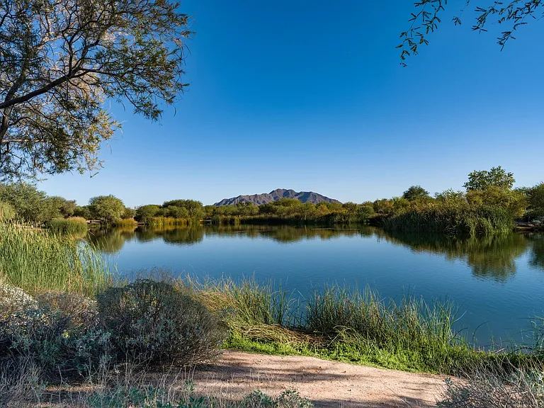 Desert paths and still water frame the views at Veterans Oasis Park_a quiet escape for walking trails, wildlife, and open skies.