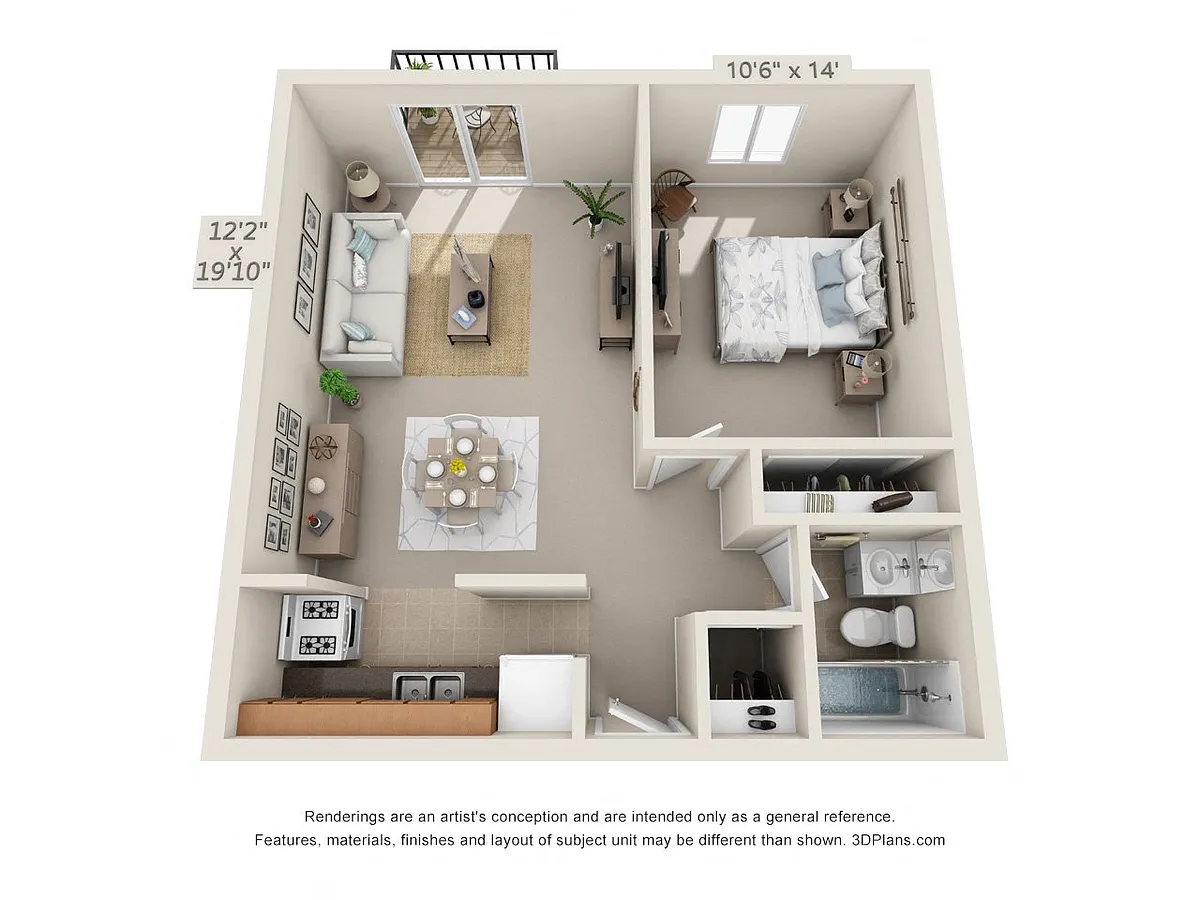 Floor plan 1 Bedroom, 1 Bath 543 B (Patio)
