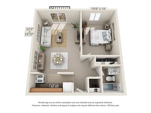 Floor plan 1 Bedroom, 1 Bath 543 B (Patio)