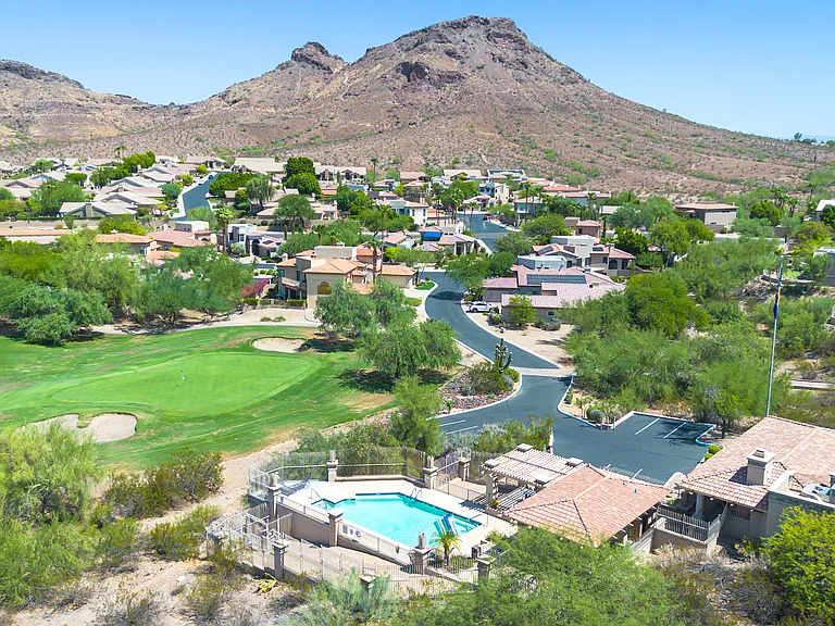 Aerial view of one of two private community pools. The community is nestled between Lookout Mountain and Lookout Mountain Golf Course