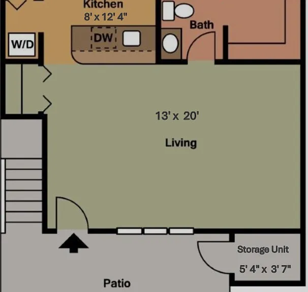 Spacious Studio with oversized walk in closet, connected outdoor storage unit, and large open kitchen