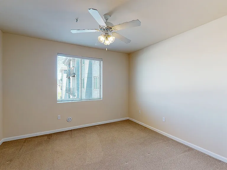 Spacious apartment bedroom with plush carpet flooring.