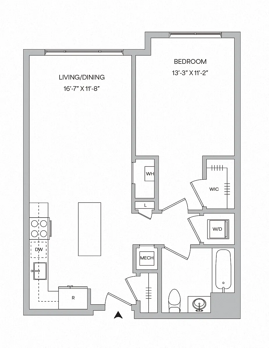 Floor plan A13 - 1BR 1BA (725 SF)