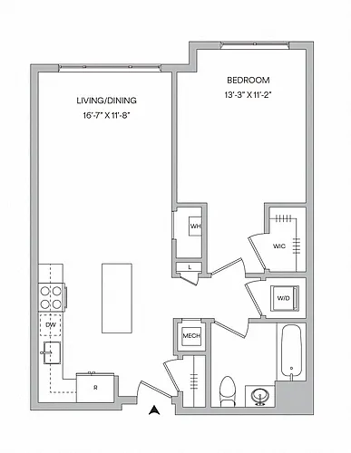 Floor plan A13 - 1BR 1BA (725 SF)