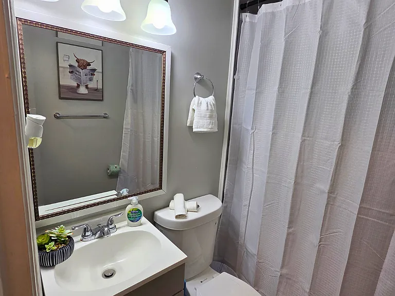 Bathroom equipped with towels, cabinet, and towel holders