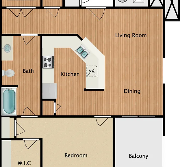 1 Bed 1 Bath Floorplan Diagram