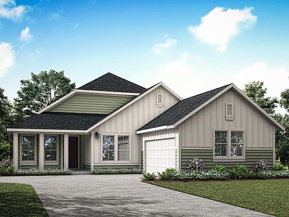 A two-story farmhouse-style home with a gray exterior, black roof, and a well-manicured lawn surroun