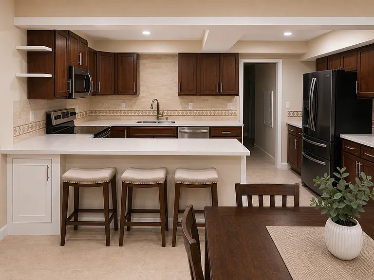 kitchen with peninsula, new quartz countertops