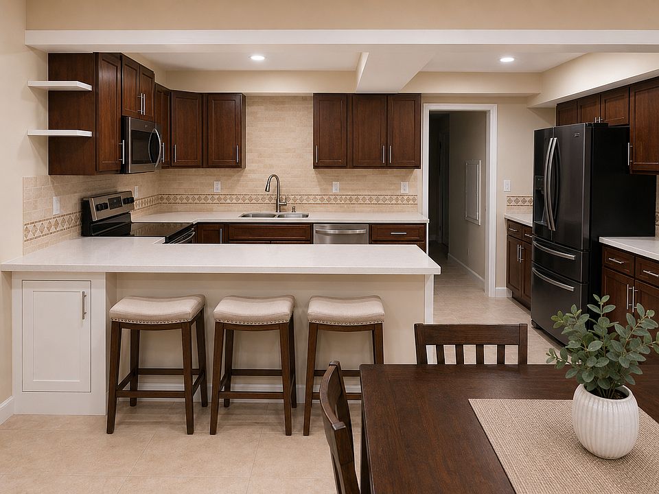 kitchen with peninsula, new quartz countertops