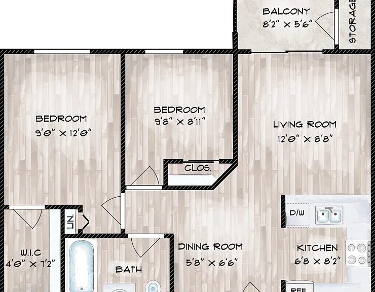 2 Bed 1 Bath Floorplan Diagram