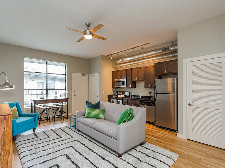 Kitchen Area and Living Room with Dining Table