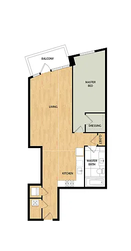 Floor plan Tower 1 Bed/1 Bath-Aspen