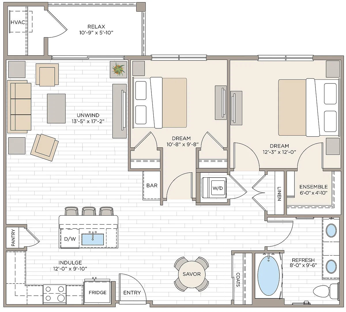 Floor plan 2 Bed/1 Bath-B1A