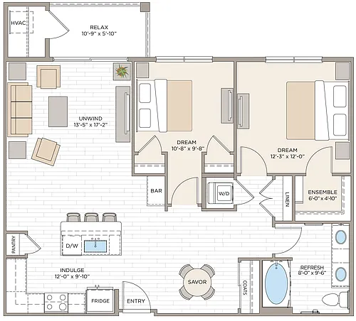Floor plan 2 Bed/1 Bath-B1A