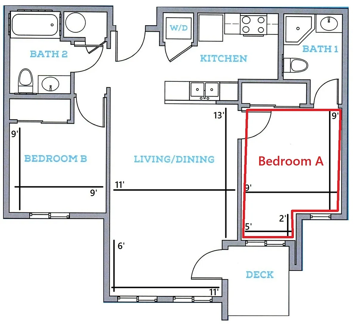 Floor plan 2BR/2BA-By Bedroom