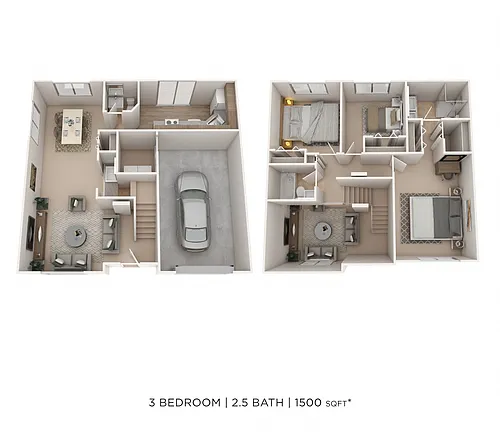 Floor plan Three Bedroom 2.5 Bath Townhome - 1,500 sqft