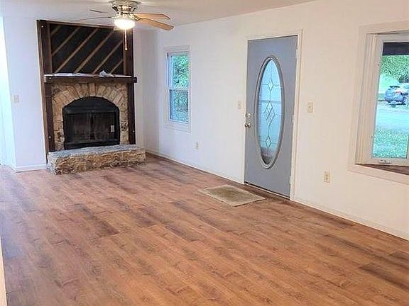 Stone fireplace.