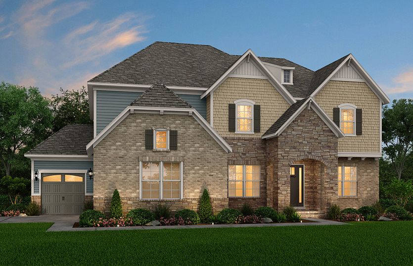 Townsend Exterior 6 features stone, brick, shake, siding, covered front door and 3 car side load gar