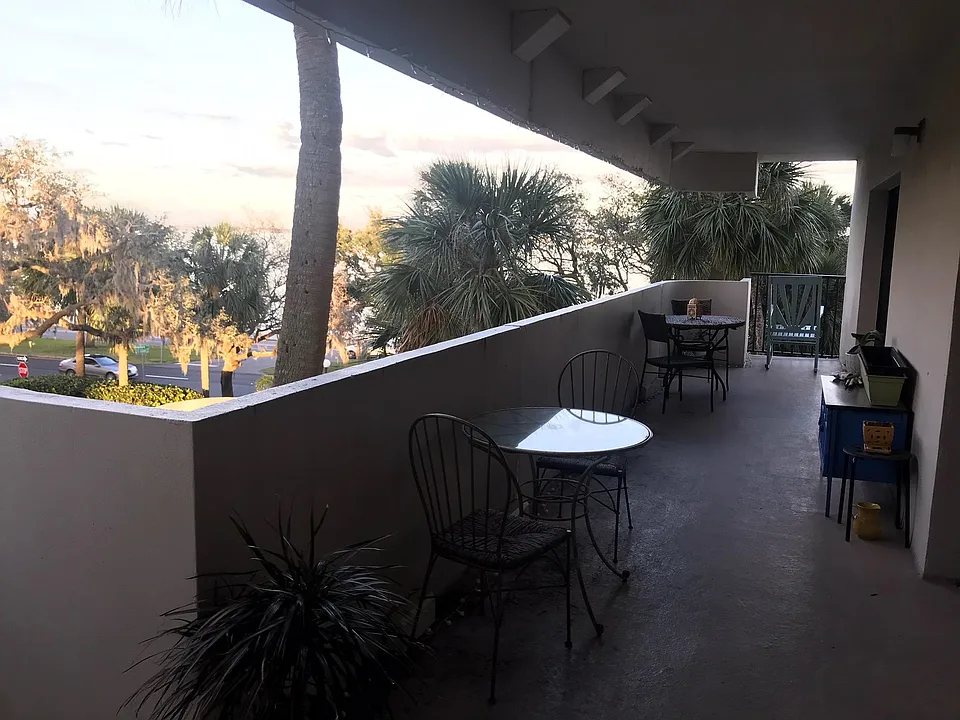 Patio is safe with great view, room for dining, reading, plants (same sized patio shown furnished for scale from different unit in building)