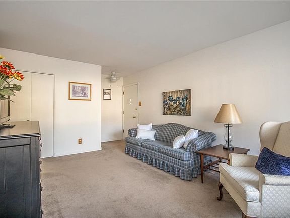 View of entry door and living room from the dining area. Notice the large hall closet.