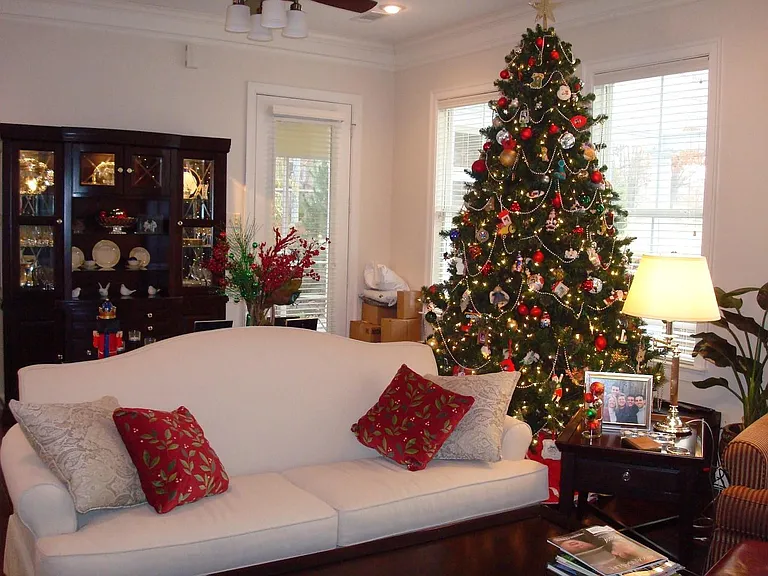 Warm, comfortable, beautiful Christmas in front of the fireplace.