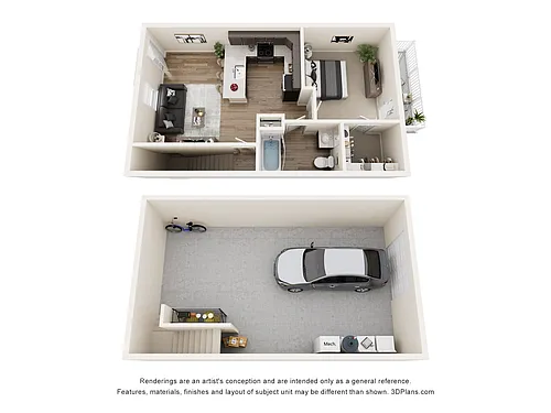 Floor plan 1 Bedroom with Drive Under Garage - 680sf