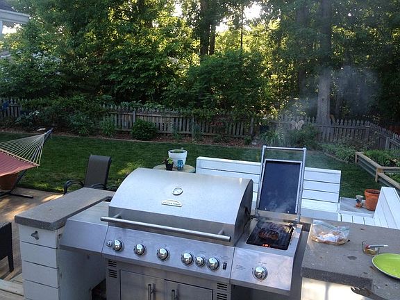 Outdoor kitchen area, built-in seating, fire pit, concrete c
