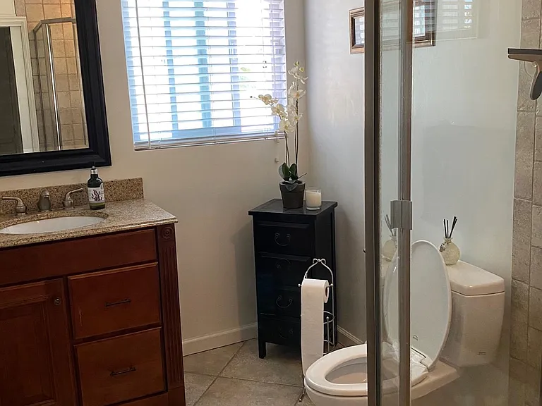 Guest bathroom with shower.
