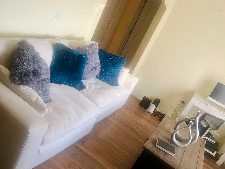 Living area with a sofa seating setup, coffee table, and open walkway to adjacent rooms on durable wood-style flooring.