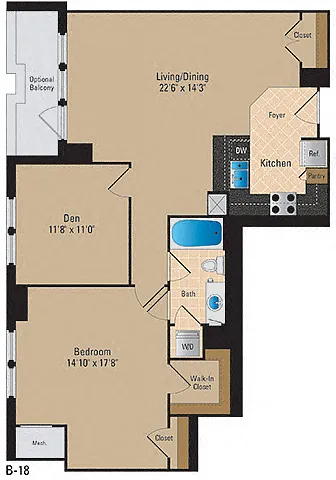 Floor plan 1 Bedroom + Den, 1 Bath 1080 SF AD13