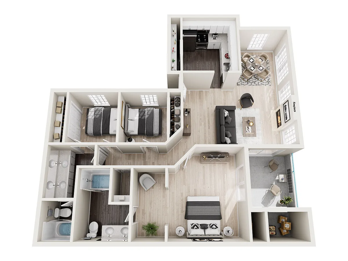 Floor plan Three Bedrooms Two Bathrooms B