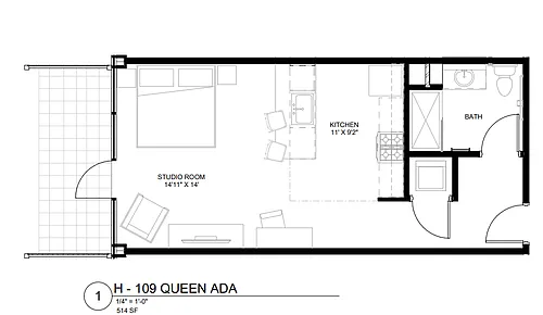 Floor plan H-111 - Furnished Studio - Corp Patio