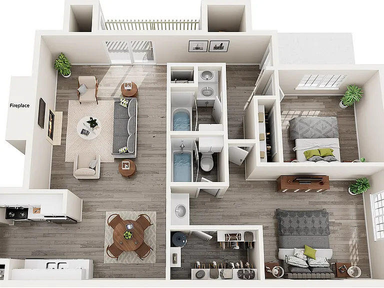 Dogwood - Two Bedrooms, Two Full Bathrooms, 1000 sqft., Roommate Floor Plan, Full Size Washer/Dryer Connections, 2 Walk-in Closets, Pantry in Kitchen, Patio/Balcony, Outside Storage, Microwave in Select Homes, Vaulted Ceilings in Select Homes, and Firepla
