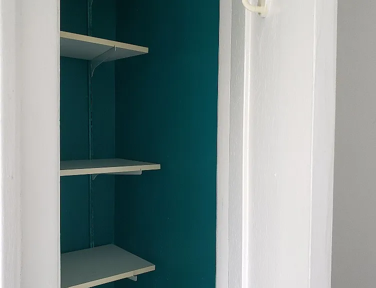 Linen closet in bathroom has a pop of color - teal -- with shelves