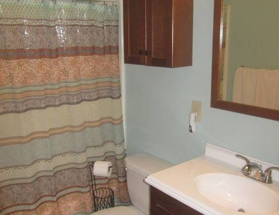 Main floor full bath with newer flooring, vanity and lighting.