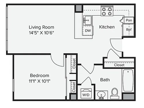 Floor plan 1 Bed 1 Bath - E
