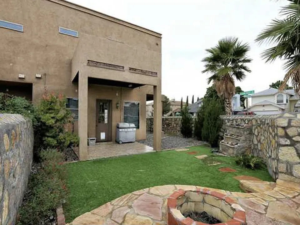 Backyard-waterfall, firepit, turf grass