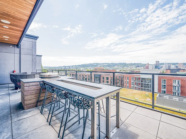 Rooftop terrace with stunning city views of Downtown Portland