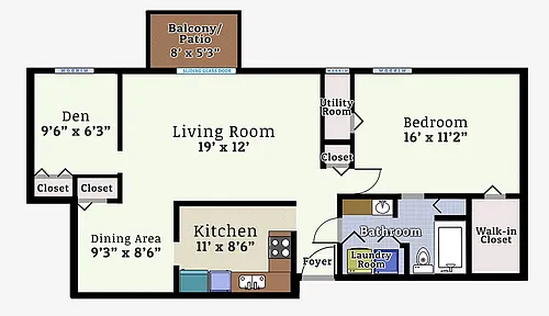 Floor plan One Bedroom One Bath Den Mid-Rise