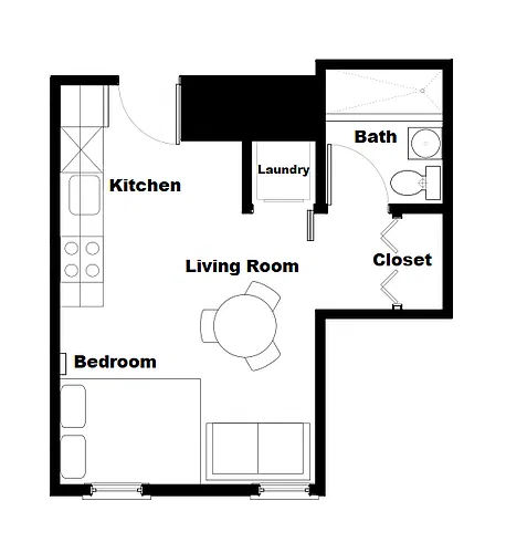 Floor plan Low Rise Apartment 0 Bed 1 Bath