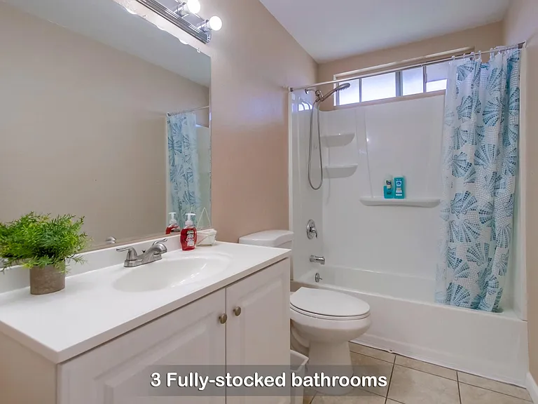 Our fully stocked bathrooms come with soap, shampoo, towels, & hair dryer